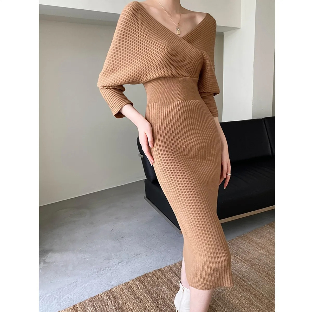 Knitted Sweater Dress Women Autumn Winter V-neck With Long Slim Knit Dresses Female High Waist Elegant Evening Party Dress 241224