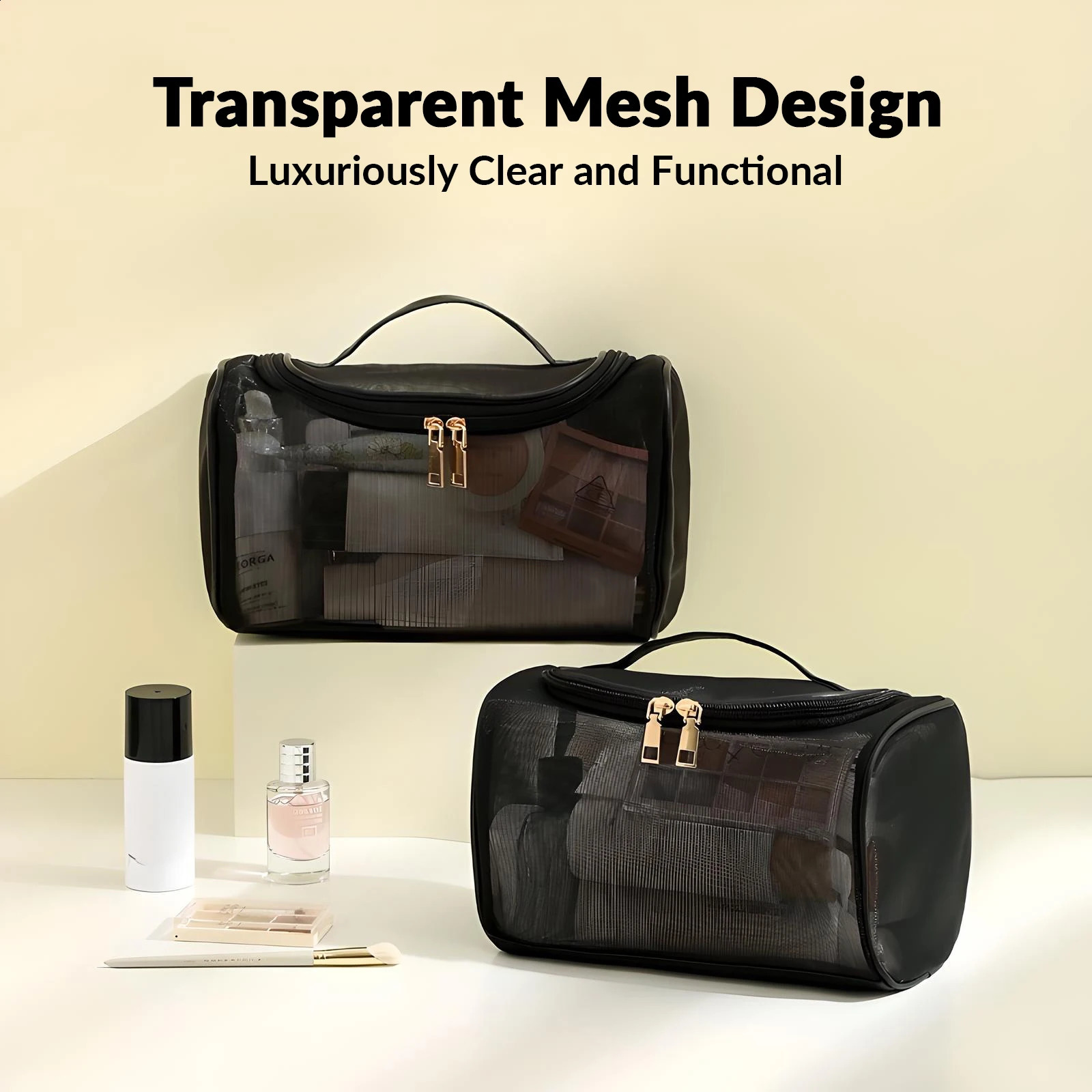 Clear Mesh Travel Makeup Bag - Large Capacity Cosmetic Organizer With Handle Nylon Makeup Pouch Available In Various 241226
