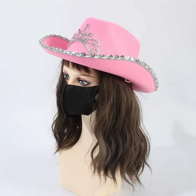 Pink womens denim hat wide brown western hat Y2K sparkling crown sequin feather Cs denim party costume set W241225