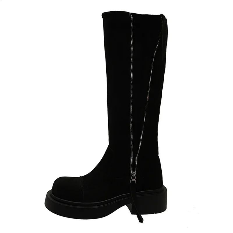 Suede Flats High Boots Women Knee High Zipper Shoes 2025 Trend Fashion Winter Motorcycle Boots Punk Mujer Botas 241226