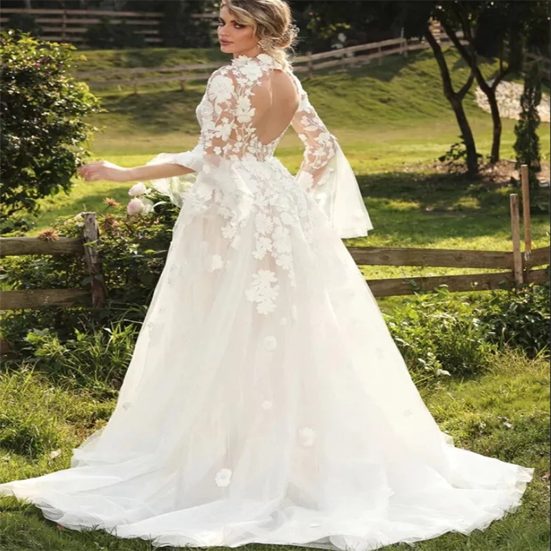 Gorgeous Lace Boho Wedding Dress 2025 High Neck Long Sleeve Fairy Bohemian Bridal Dress Open Back Princess Bride Dress Elegant Vestio De Novias Beach 