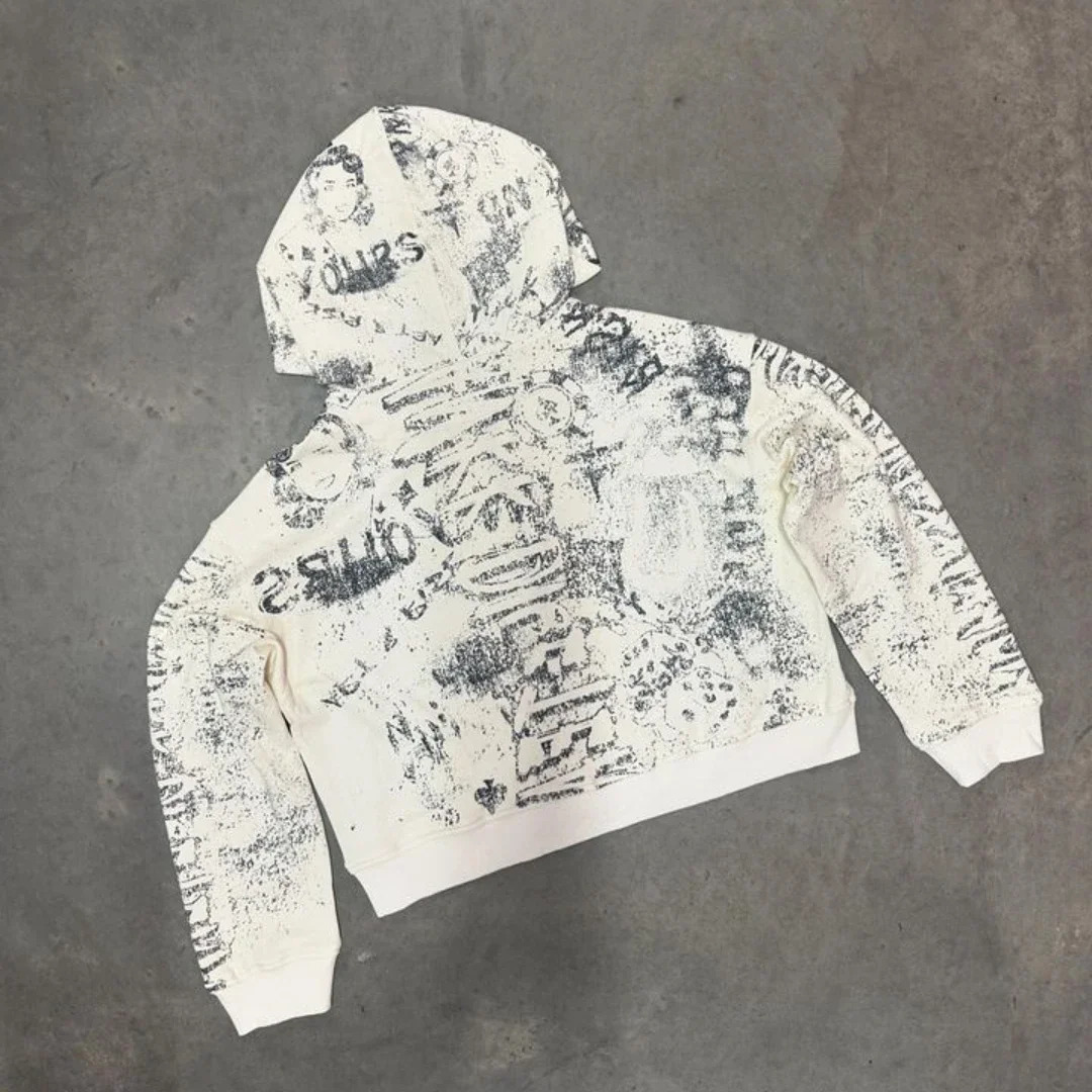 Y2K Hoodie Hip Hop Graffiti Pattern Printed Oversized White Hoodie Mens Street Clothing Harajuku Retro Pullover Sweatshirt 241225