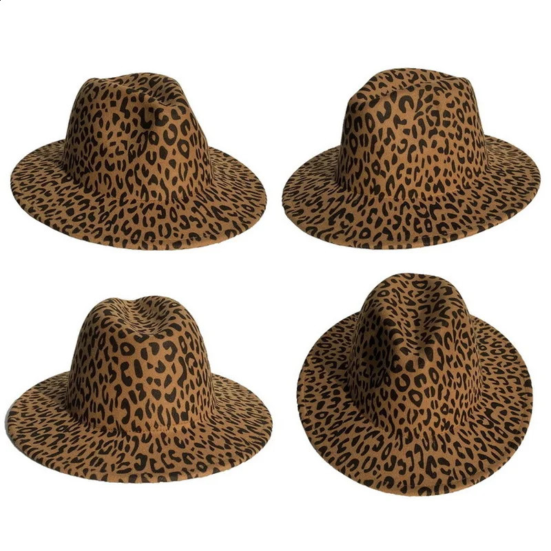 Unisex flat brim wool felt jazz fedora hat men and women leopard print leather band decoration tribe Panama formal hat cowboy 241226