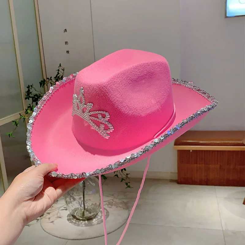 KAMMPT Wide Brim Pink Cowboy Hat Cowboy Girls Party Carnival Western Hat Fashion Shining Crown Glitter Feather Cs W241225