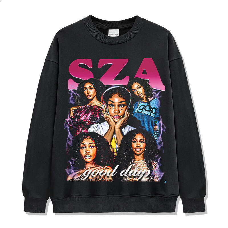 American hip-hop Shisha SZA printed short T-shirt, loose and versatile, long sleeved round neck hooded sweatshirt