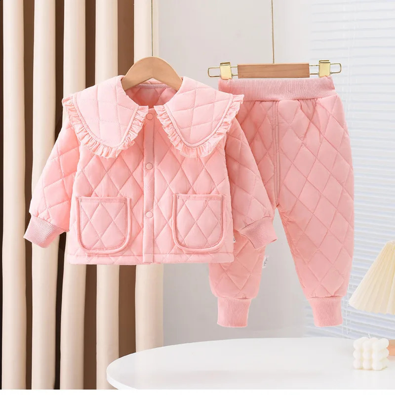 Girls Clip Cotton Sets Winter Baby Warm CoatsPants 2Pcs Autumn Children Lapel Solid Fashion Clothing Suit 12M6 Years 241225