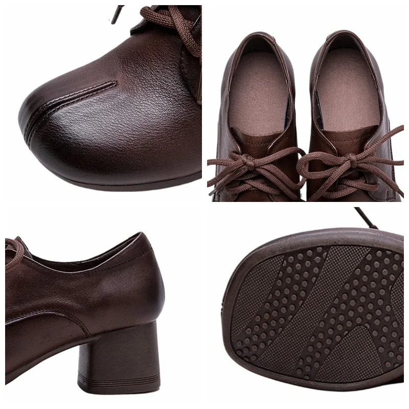 Koznoy 5cm Ethnic Platform Wedge Round Shallow Chunky Heels Ladies Lace Up Autumn Shoes Women Genuine Leather Spring 241225