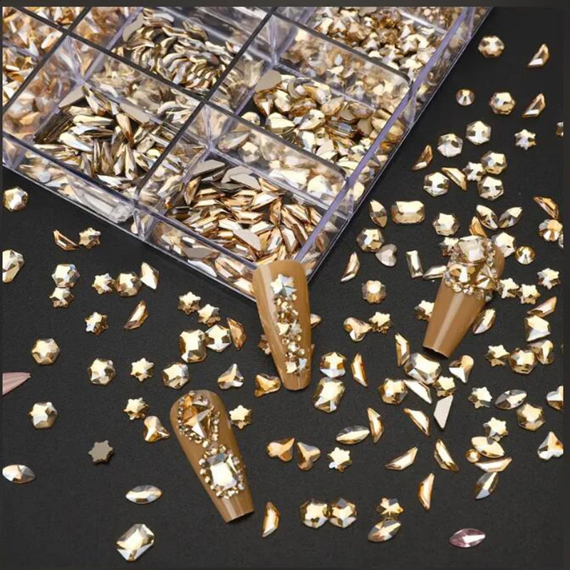 2800pcs Glass Crystal Diamond Flat Rhinestones Nail Art Decoration 21 Grid Box Nails Accessories Set With Crayon#Red#Champagne 241226