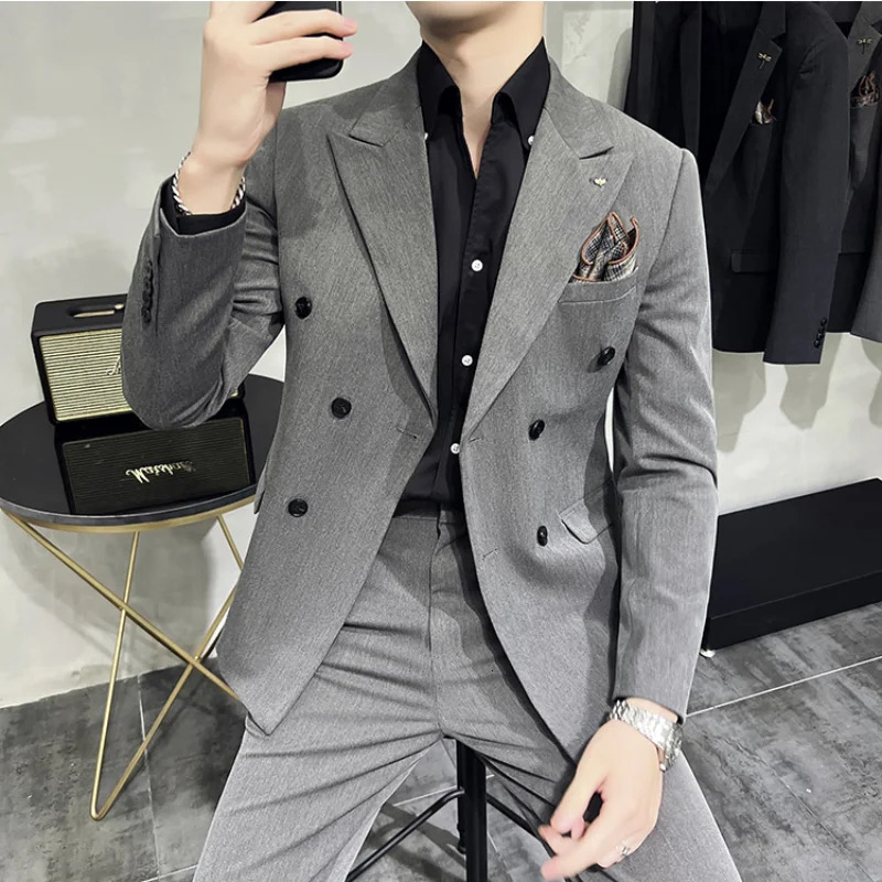 Mens Classic Doublebreasted Suit suitpants 7XLS Fashion Wedding Banquet Social Business 2 Sets 241223