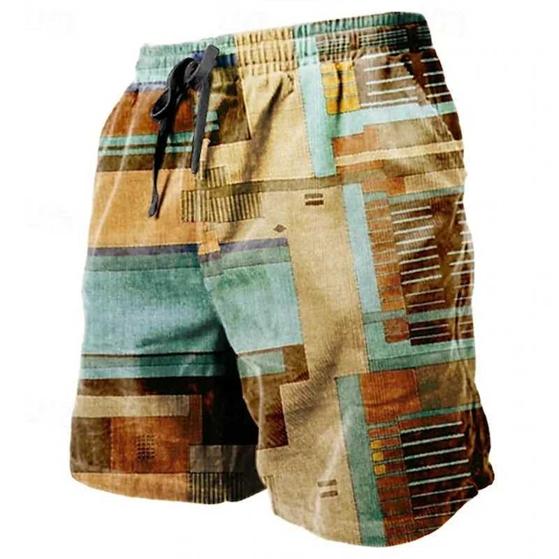 Retro checkered patchwork shorts for mens Hawaii vacation 3D printed geometric pattern swimming pants elastic drawstring beach pants W241226