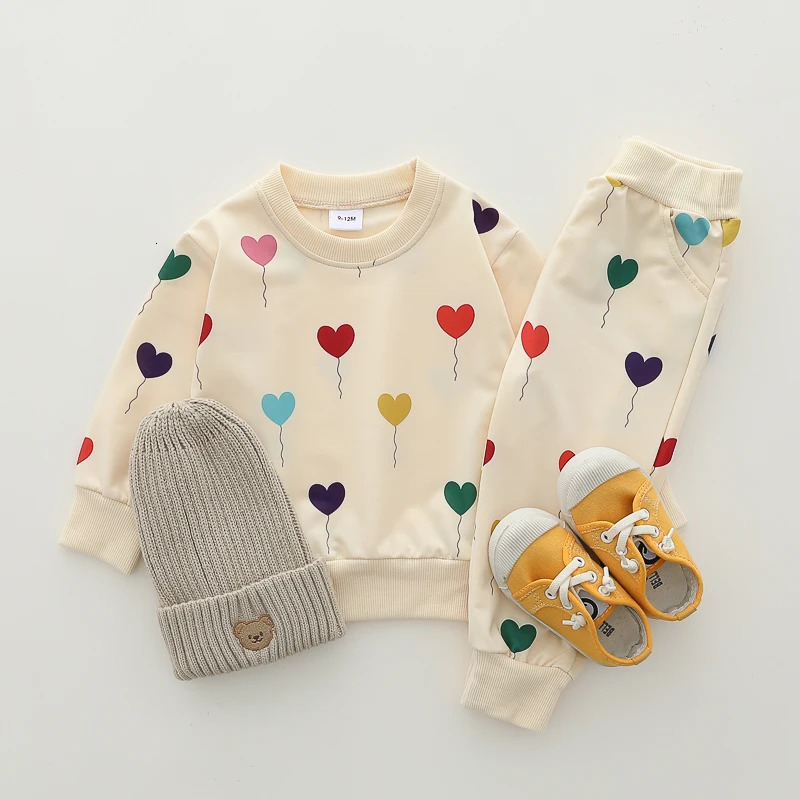 2PCS Infant Spring and Autumn Full Print Love Balloon Fashion Long sleeved Pants Set 241225
