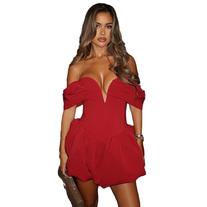 K177 Women's Spring New Sweet Fresh V-neck Tube Top Sleeve High Waist A-line Dress Short Skirt