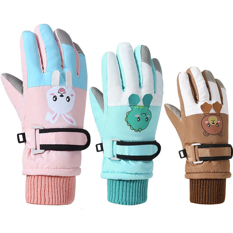 Winter Ski Gloves for Children Windproof Thickened FiveFinger Cartoon Printed Boys Girls Snow Warm Accessories 412Years 241225