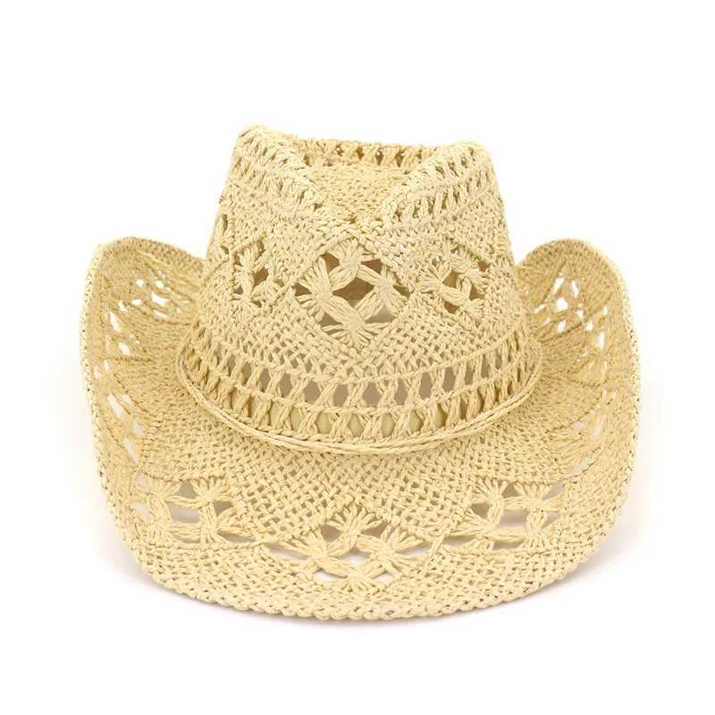 Summer Outdoor Mens and Womens Hand Woven Western Cowboy Each Hat Wide Brown Breathable Beach Jazz C Sunscreen Hat W241225