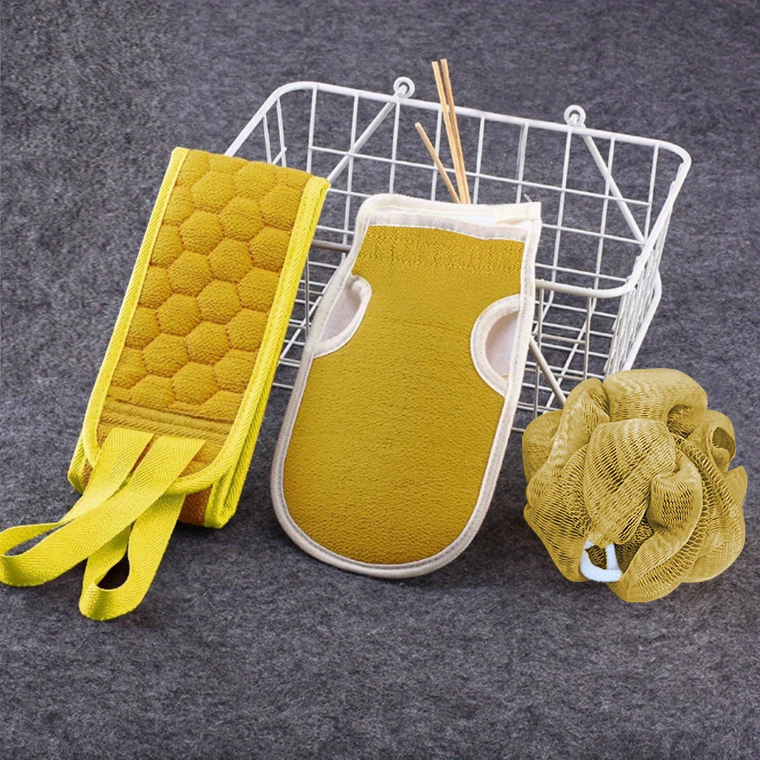 3pcs Exfoliating Bath Towel Set Exfoliating Gloves Bath Flower Back Scrubber Bath Shower Loofah Sponge Bathroom Accessories 241226