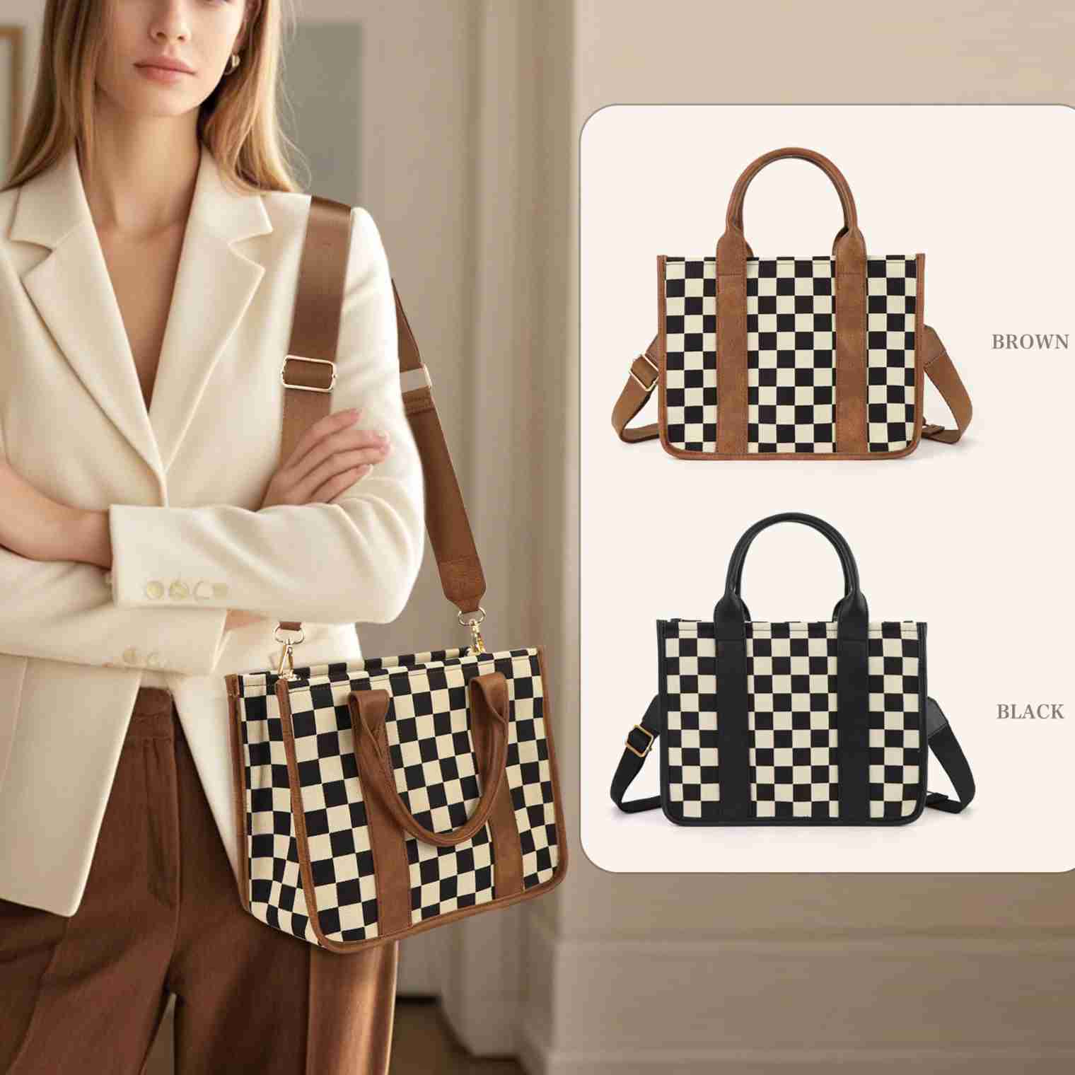 Ladies' canvas single shoulder crossbody bag, casual versatile handbag, travel plaid tote bag with shoulder strap 241215