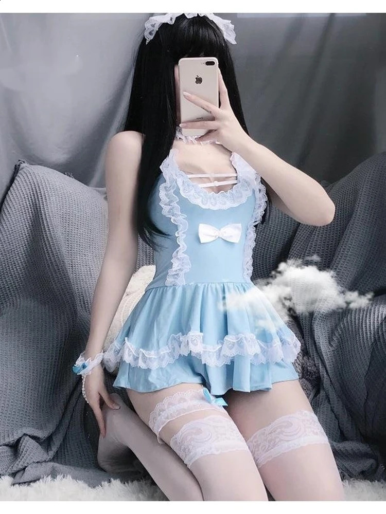 WOMENGAGA Exotic Sexy Kawaii Cute Backless JK Lolita Maid Uniform Tank Mini Dress Blue Sweet Korean Girl Fairy Tops 0QTU 241226