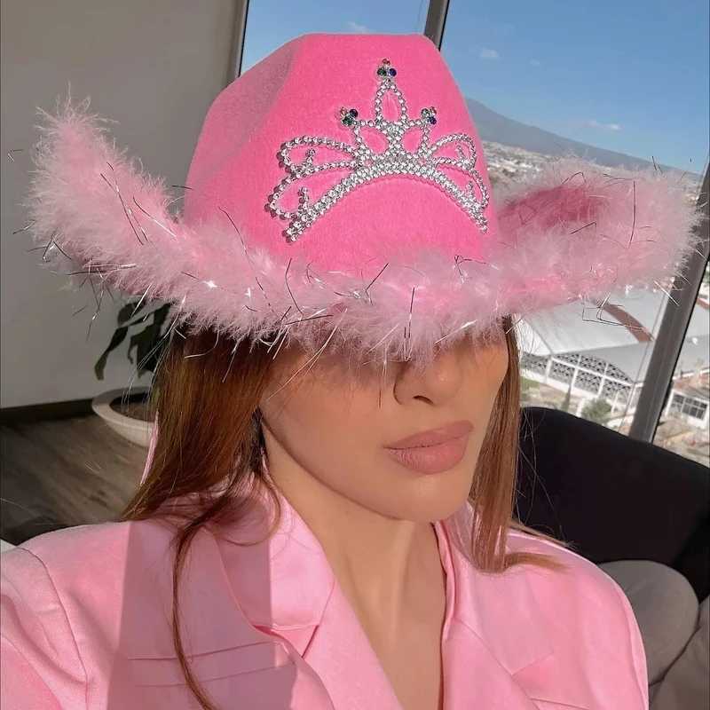 Y2K Pink Western Cowboy Hat Womens Cowboy Hat Headwear Feather Felt Western Glitter Cowboy Hat Clothing Party Play Dr C W241225