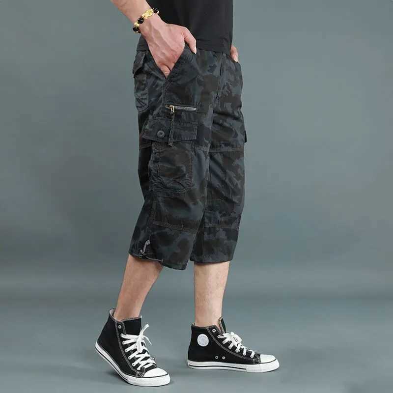 Mens Summer Breeches Long Shorts Multiple Pockets Military Zipper Cargo Shorts Tactical Bridges Short for Men Army Green Khaki W241226