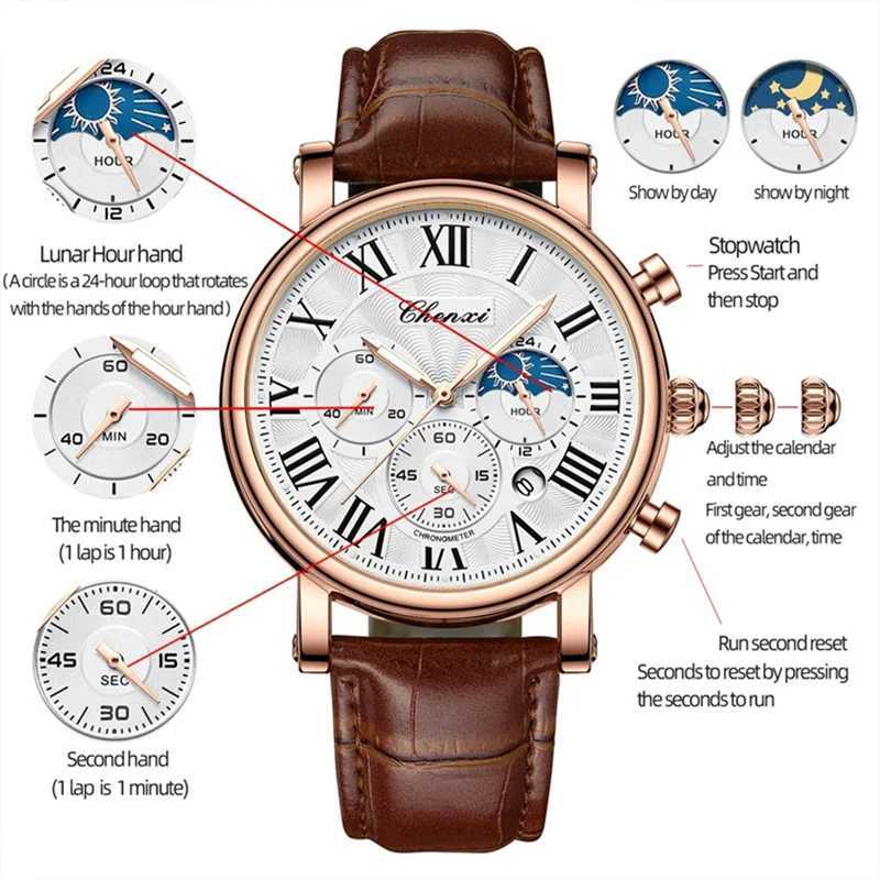 New Arrival CHENXI 973 Multi functional Business Moon Phase Waterproof Roman Simulation Imported Mens Watch Dial Quartz Leather Watch Z241226