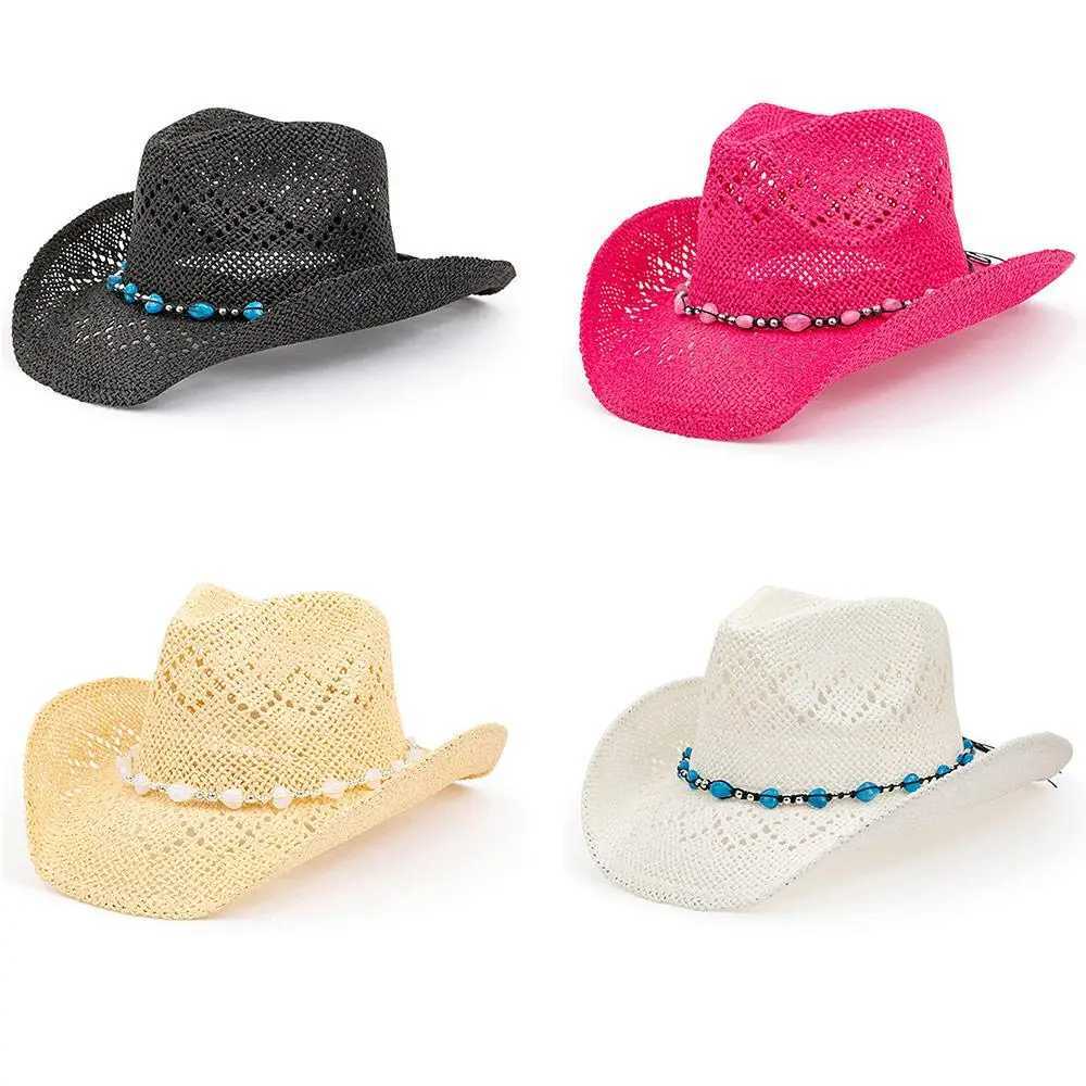 Western Cowboy Hat Str Womens Cowboy Hat with Sheeble Brim Bead Heart Decoration Resort Beach Sun Hat W241225