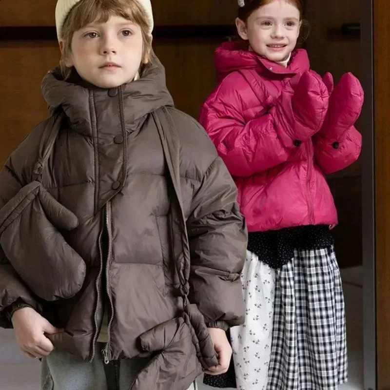 Winter Children White Duck Down Jacket Gloved Korean Solid Color Toddler Warm Windproof Outerwear Versatile Boys Girls Coats 241225