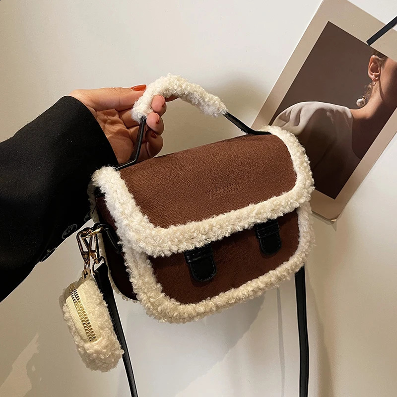 Winter Womens Plush Small Square Bag Color Contrast Single Shoulder Crossbody Bag Brown Handbag241226