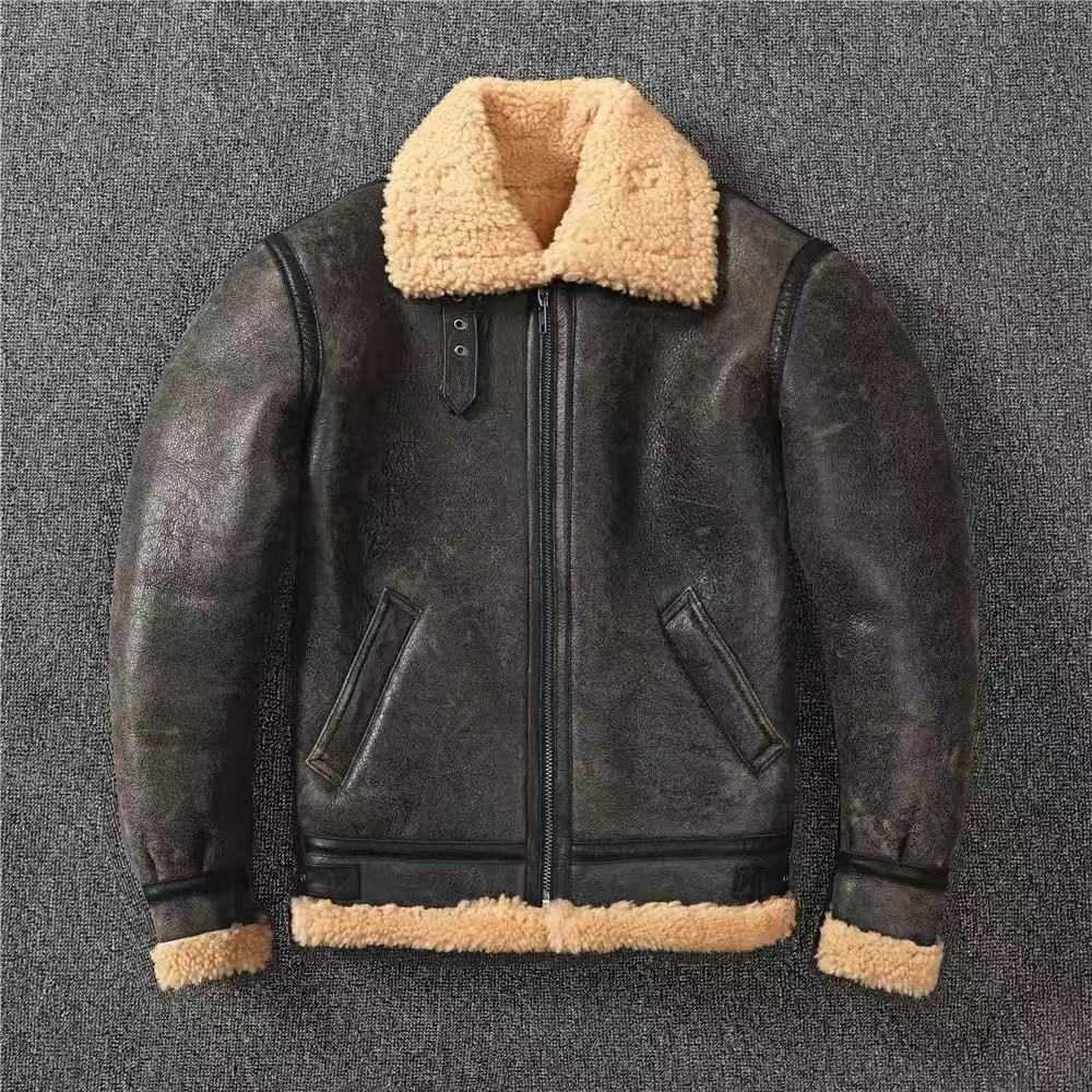 Mens Genuine Leather Pilot Jacket, B3 Bomber, Sheepskin Wool, Winter Warmth, Rock Style