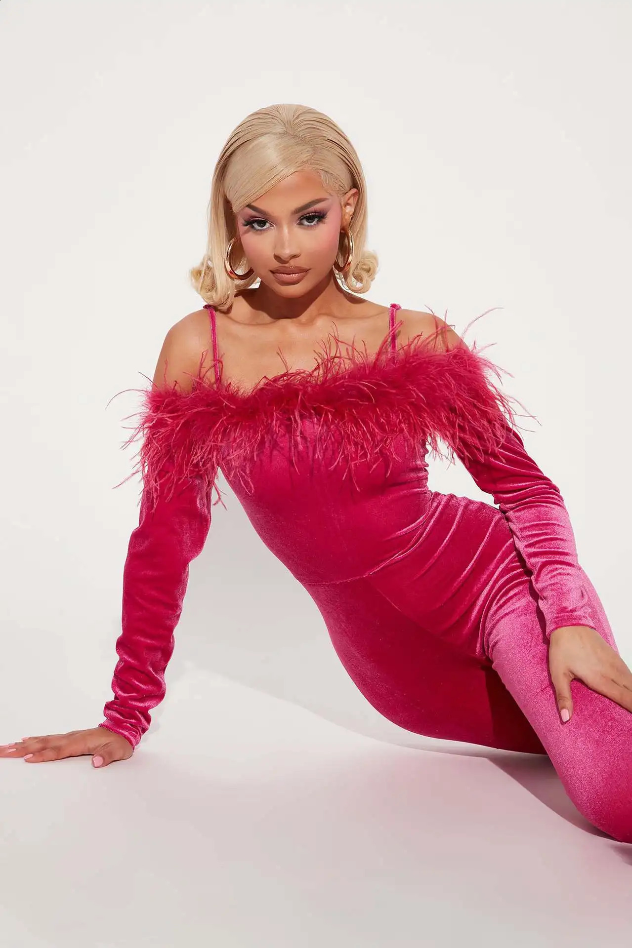 Velvet Feather Jumpsuits Elegant Outfit Bodycon Winter Clothes Long Sleeve One Piece Women Club Jumpsuit Bodysuit 241224
