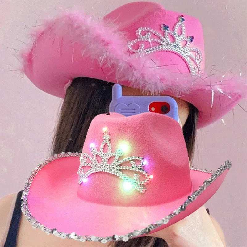 Western Cowboy Cs Pink Cowboy Hat Womens Headwear Luminous Cowboy Hat Holiday Clothing Party Hat Feather Edge Fedora C W241225