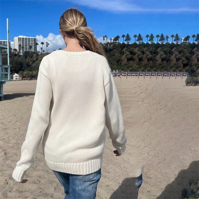 Lamuusaa Women Sweaters y2k Clothing Stripe Flag Print Round Neck Long Sleeve Loose Pullovers Knitted Jumpers Casual Streetwear 241225