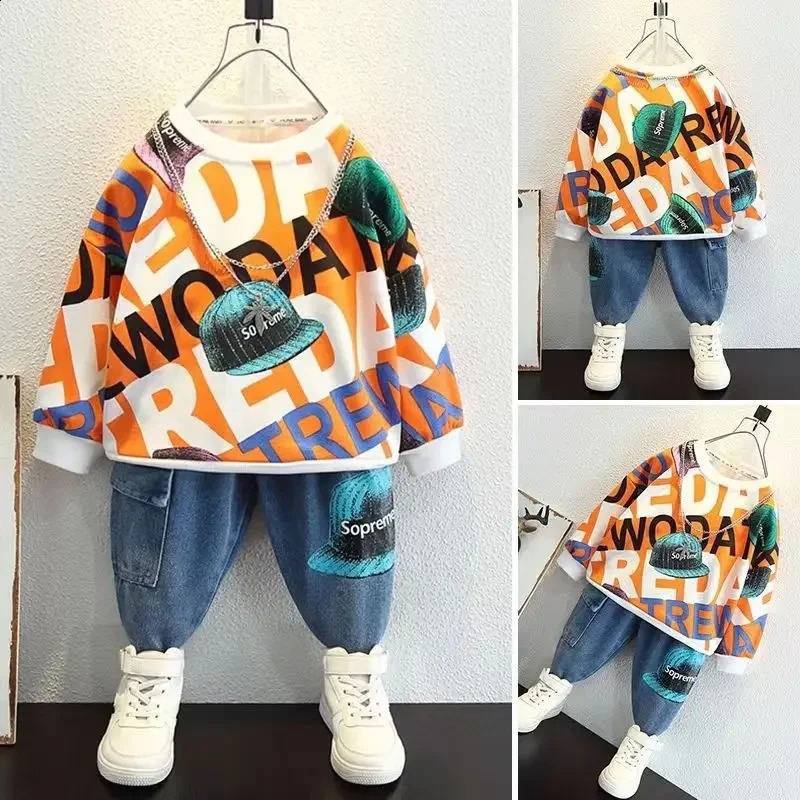 Chilrens Set for Boys Girls Spring and Autumn Suit Casual Wear Home Outing Sweatshirt Twopiece Fashionable Loungewear 241225