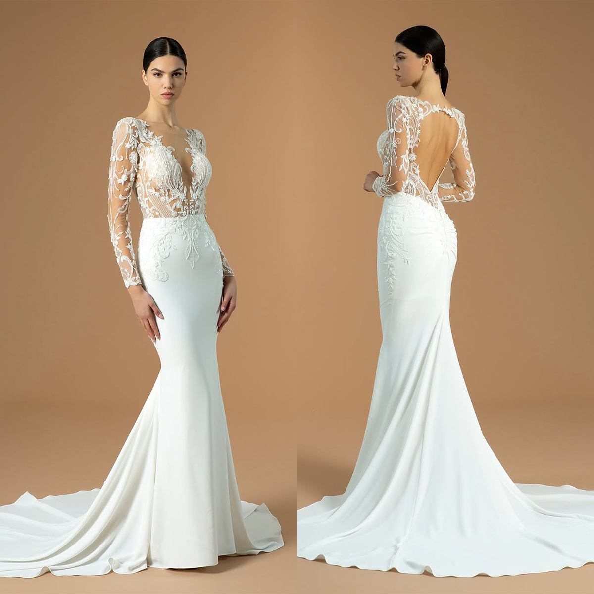 Sexy Mermaid Wedding Dresses V-Neck Backless Long Sleeve Lace Up Appliques Embroidery Bridal Gowns Sweep Train Custom Made Vestidos De Novia