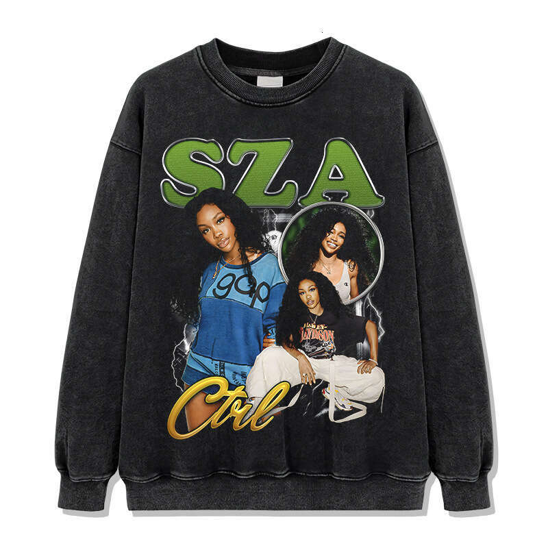 American style new Shisha SZA printed short sleeved T-shirt, washed and worn pure cotton round neck hooded sweatshirt