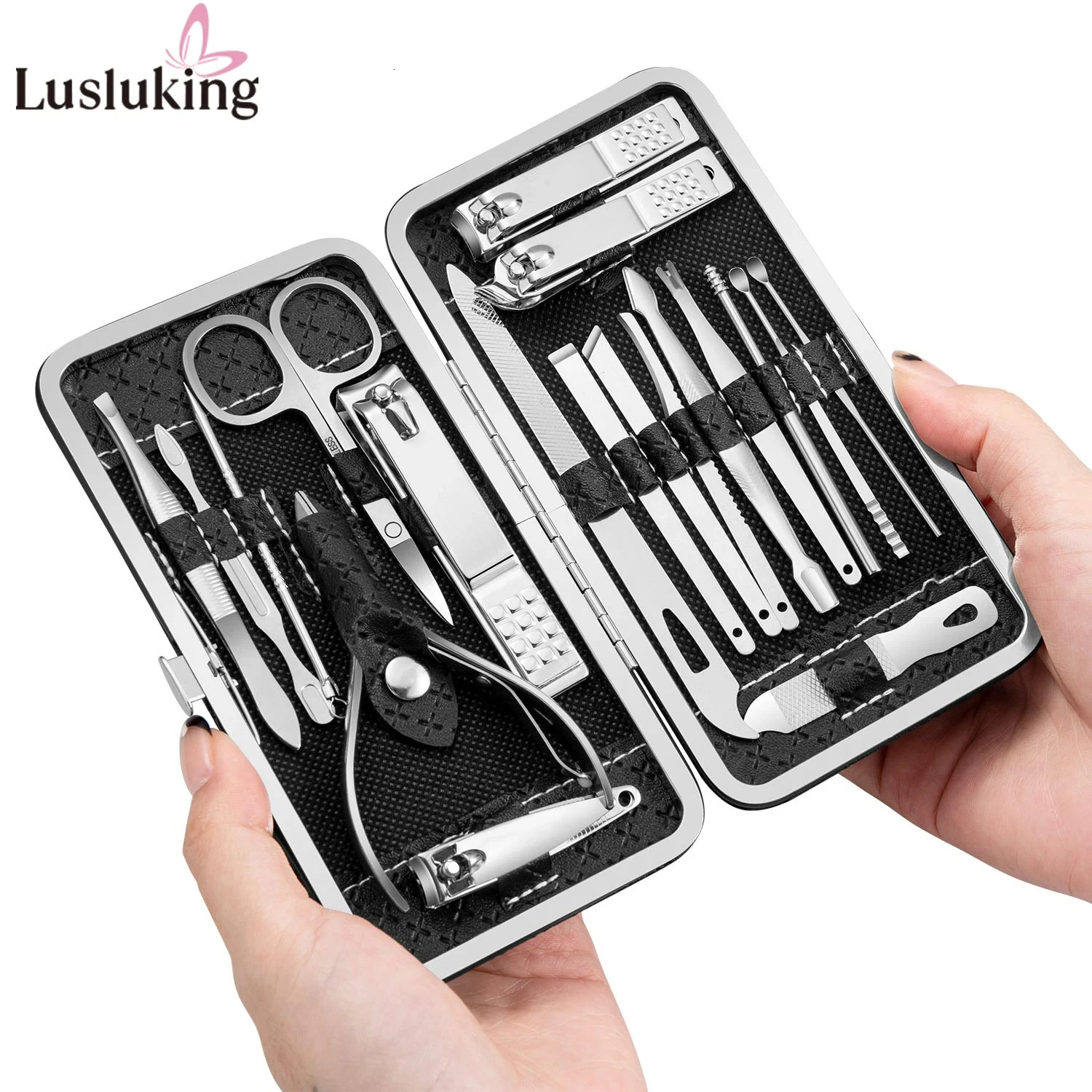 19Pcs Manicure Set Black Stainless Steel Nail Clippers Cuticle Nipper Pedicure Professional Care Tool Cleaning Grooming Kit 241225