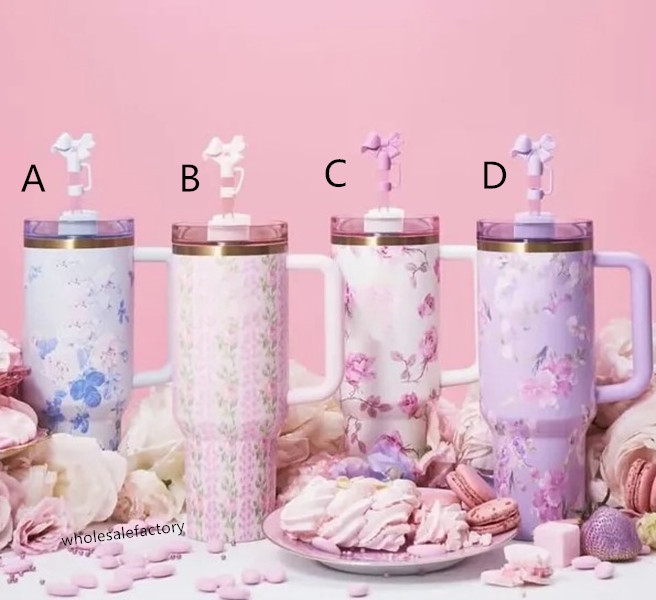 40oz Blue Magnolia Pink Rose Lilac Floral Cups Stainless Steel Tumblers With Handle Lid and Straw 40 oz Mugs Cute Kids 14OZ Pink Blue Water Bottles 1226