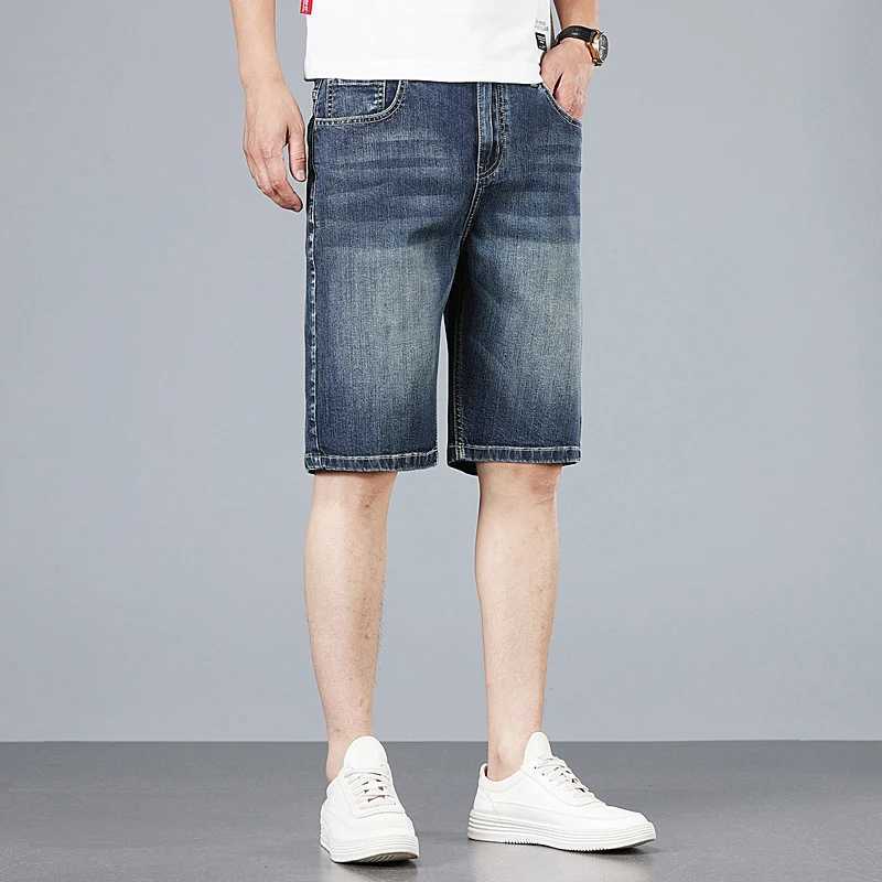 Cotton mens casual denim shorts summer new retro elastic suitable for straight elastic knee length jeans brand clothing W241226