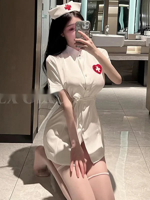 Sexy Nurse Performance Costumes Tie Up Female Off White Belt Loose Dress Role-playing JK Uniform Soft Girl Trendy Clothes 2V9U 241226