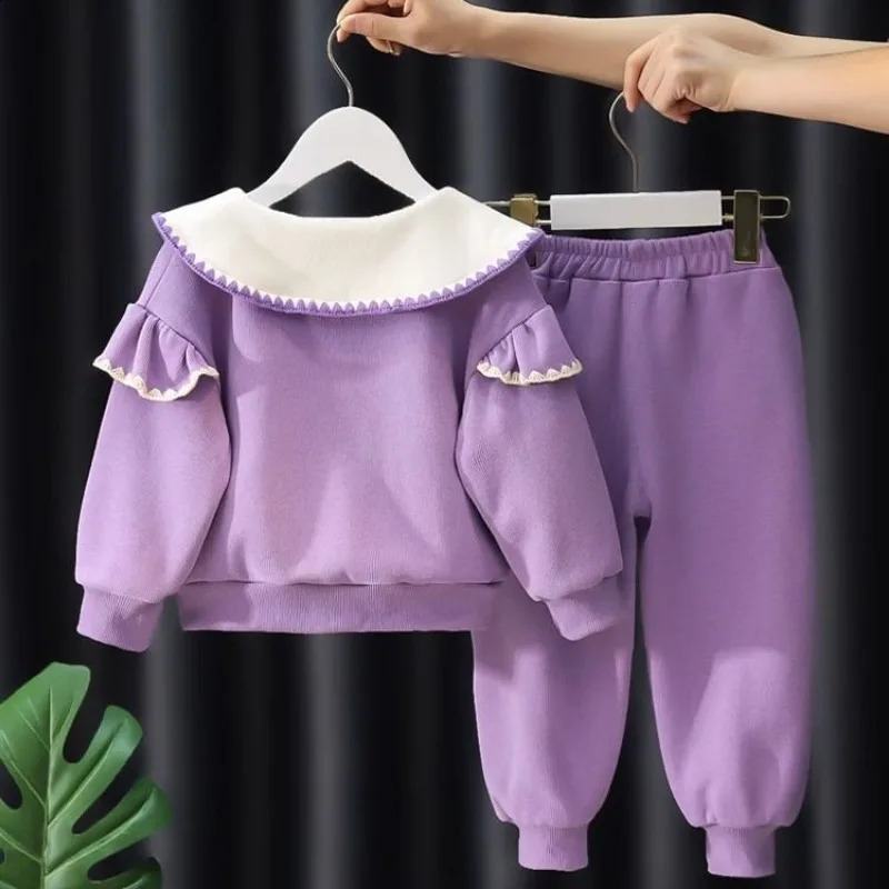 Autumn Kid Girls Clothes Set Mandarin Collar Sweatshirts Pullover Top and Pants Bottom 2 Pieces Suit Children Girl Sweet Outfits 241225