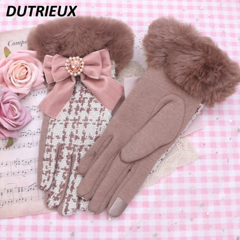 Sweet Lady Elegant Sweet Cute Velvet Bow Decoration Girls Finger Gloves Female Autumn Winter Womens Accessories 241226