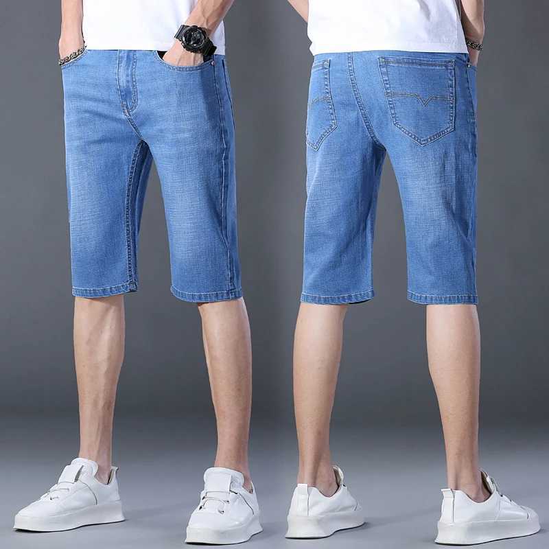 Mens casual denim shorts cotton elastic straight high-quality knee length jeans retro fashion blue shorts W241226