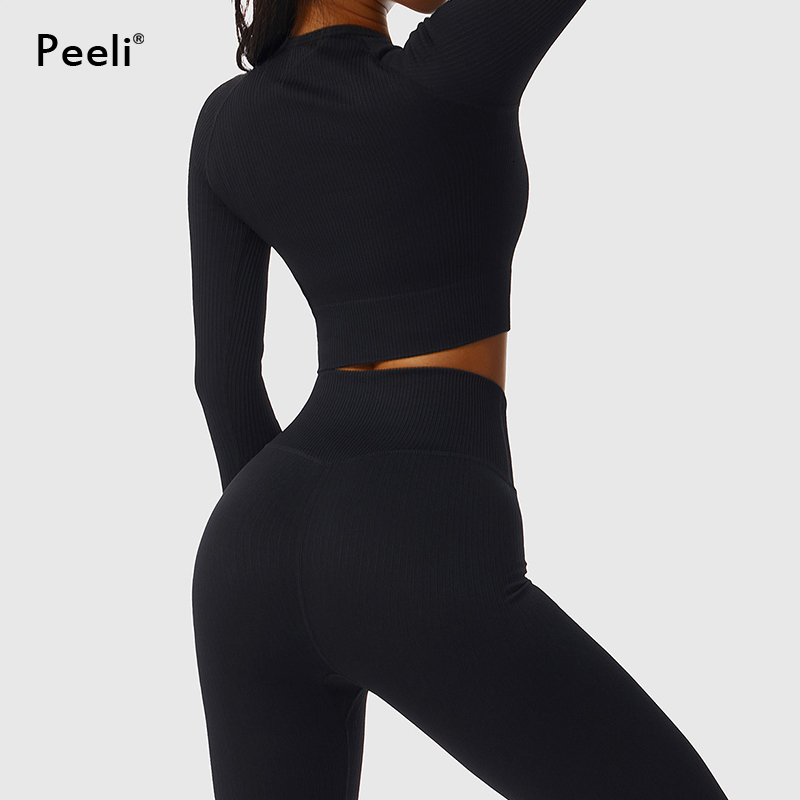 Seamless Yoga Suit Sports Gym Clothes Fiess Women Long Sleeve Crop Top High Waist Leggings Ribbed Workout Set Tracksuits