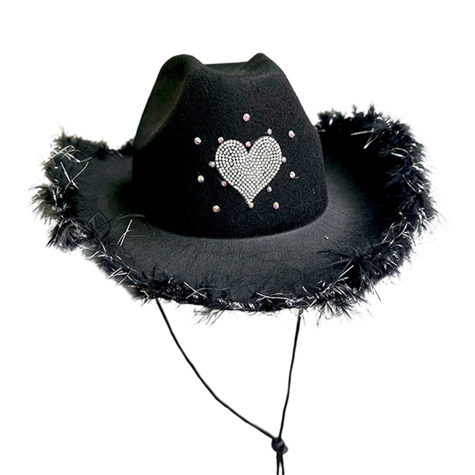 Womens denim hat Rhinestone heart-shaped fuzzy decoration wide Brim C for Fiancee shower bachelor party denim hat W241225
