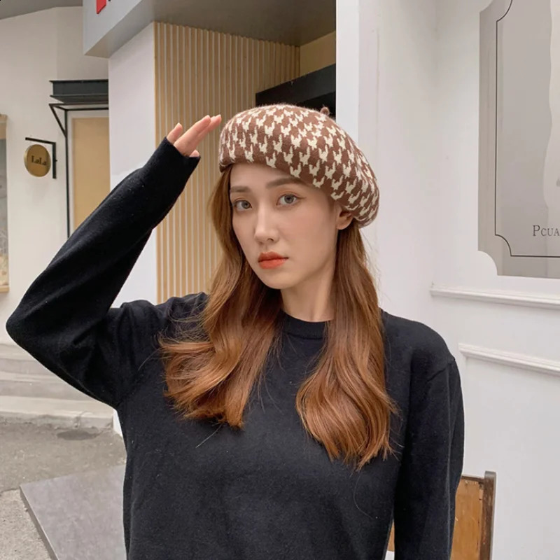 Autumn Winter Womens Thousand Bird Plaid Beret Style Beanie Knit Hat Warm keeping Fashion Artist Art Warm painter hat Cap 241226