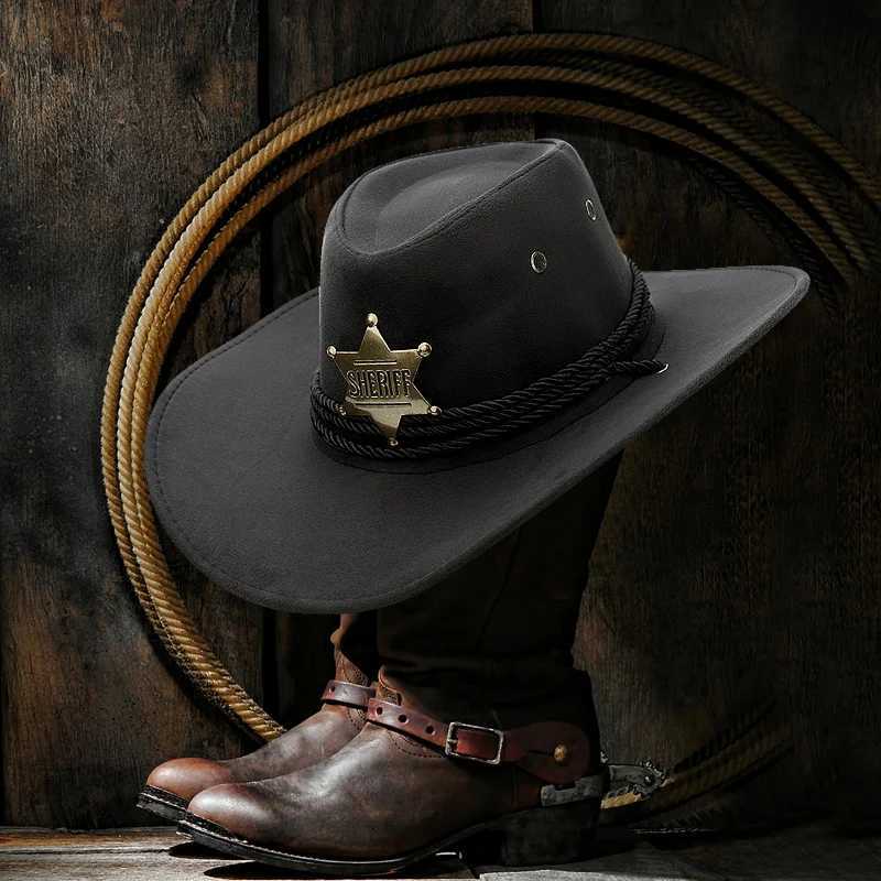 INS unisex womens imitation suede hexagonal star sheriff wide Brim sunny C beach denim cowboy Western hat W241225