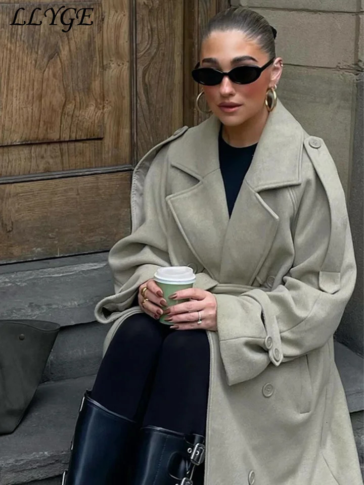 Elegant Womens Woolen Overcoat With Belt Street Lapel Double Breasted Full Sleeve Long Coat 2024 Autumn Lady Loose Outwear 241225
