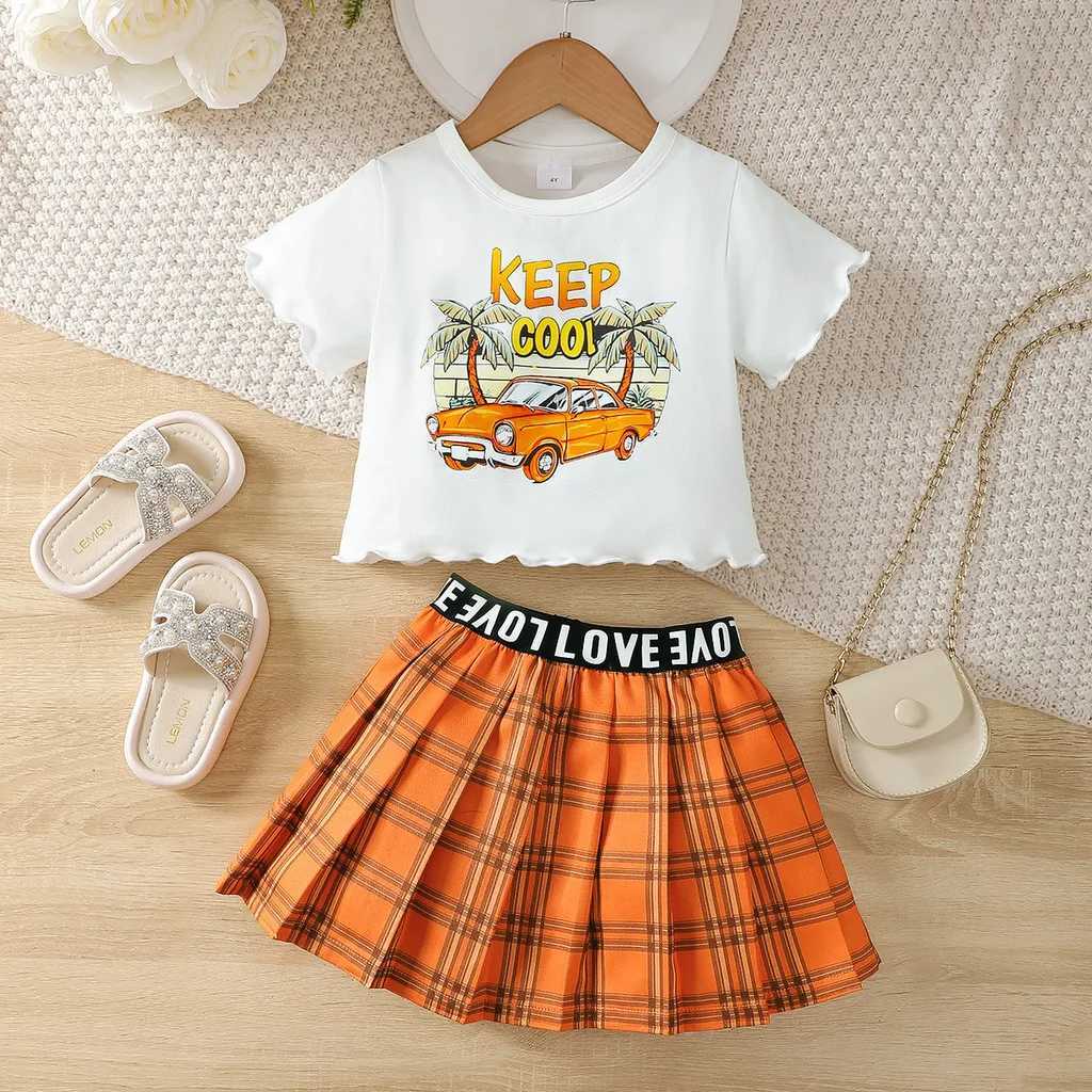 Clothing Sets 2PCS Summer Child Girls Set Cartoon Pattern Short Sleeves T-shirt+Plaid Folding Skirt Fashion Clothing For Kids Girls 4-7 YearsY241225OP