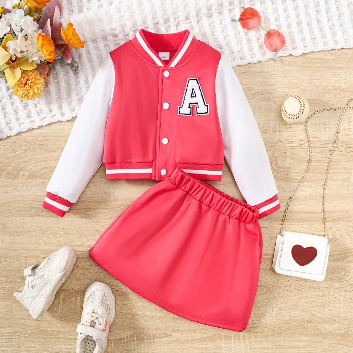 Clothing Sets 2PCS Children Girls Clothes Set Baseball Long Sleeved Overcoat+Short Skirt Fashion Western Style Design Suit Kids Girl 1-8 YearsY241225Q