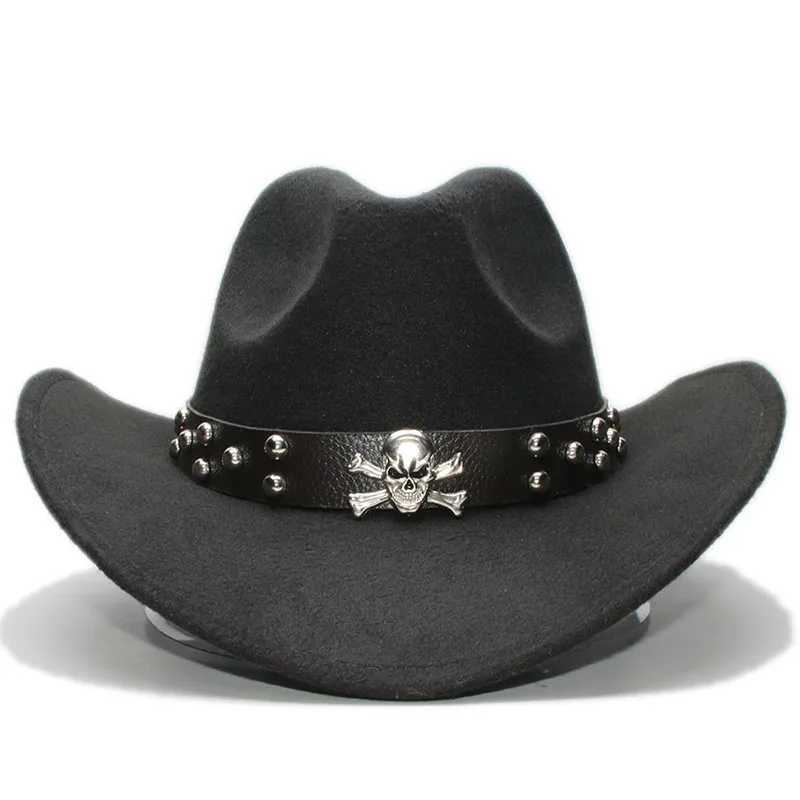 Retro Womens Wool Wide Brim Cowboy Western Cowboy Female Bowling Hat Fedora C Skull Leather Band (54/57/61CM) W241225