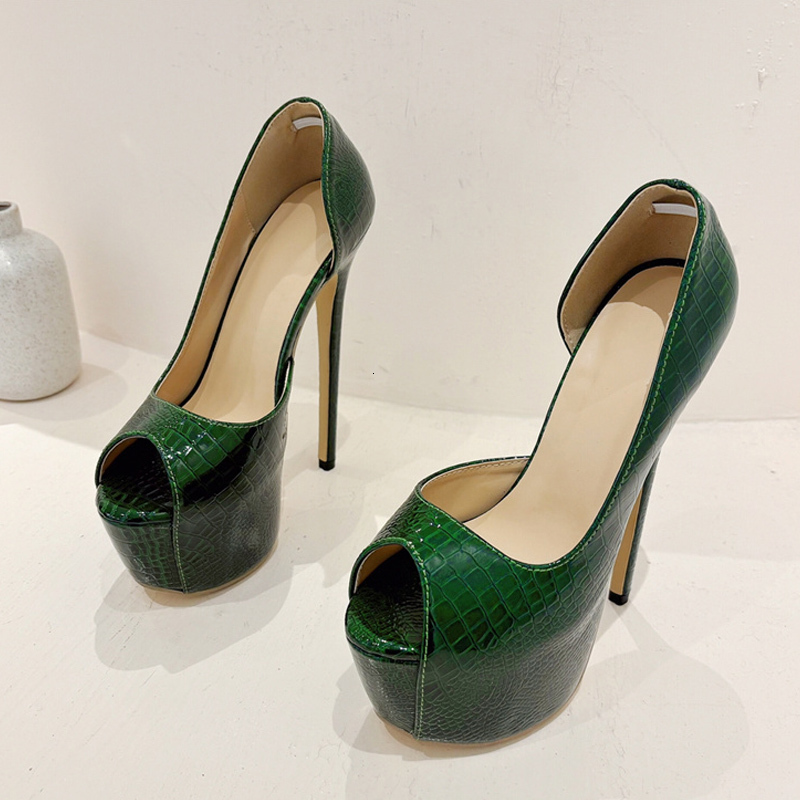 Liyke 2024 New Green Snake Print Leather Platform Pumps Women Sexy Sgback Peep Toe Extreme High Heels Strip Pole Dance Shoes